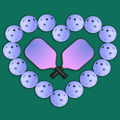 Purple balls and two rackets on a green background.