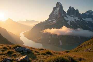 Fototapeta premium breathtaking view of mist-covered mountains at sunrise