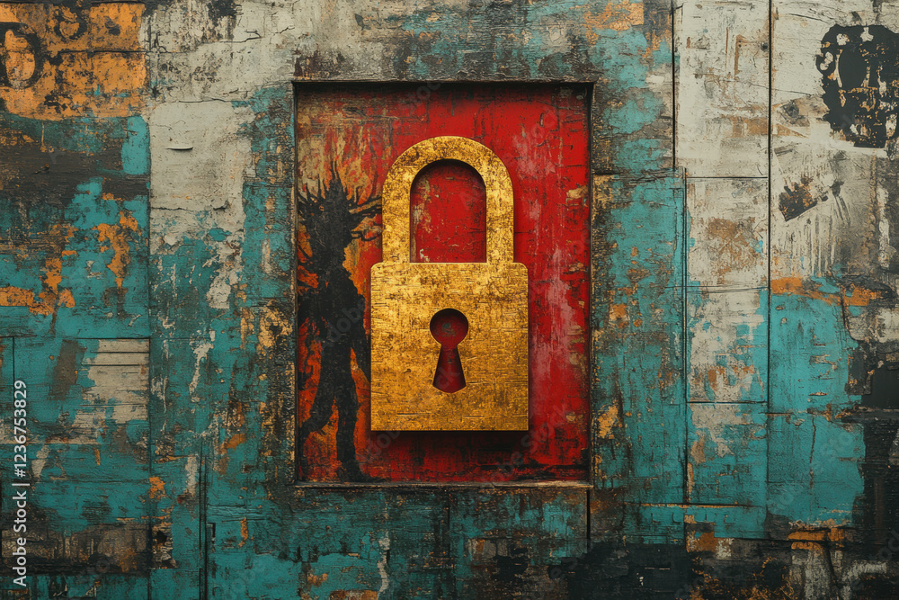 Poster demon not lie, a surreal image of a golden lock floating in midair with a demon, showcasing high fid