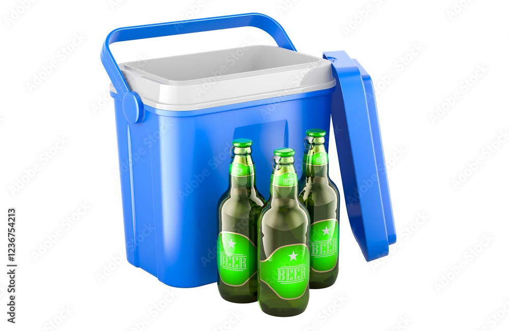 Poster beer bottles with portable cool box. 3d rendering isolated on transparent background