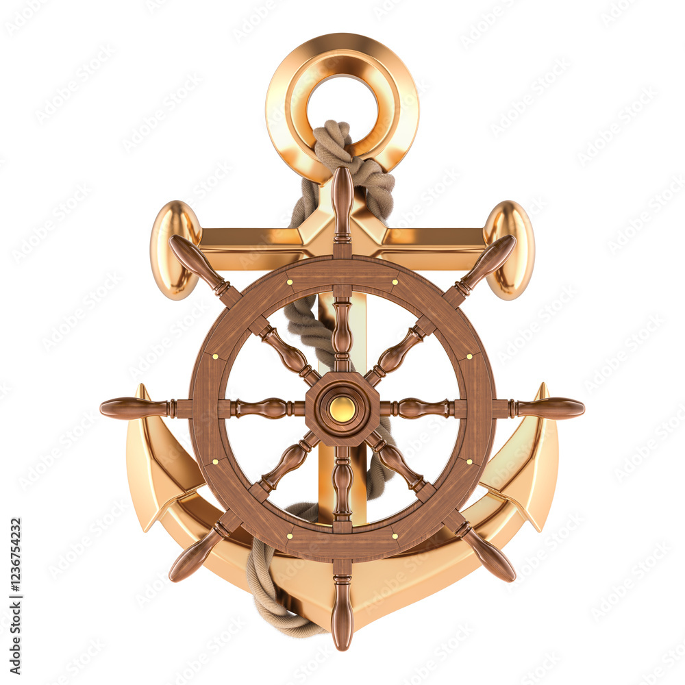 Poster anchor with steering wheel ship, 3d rendering isolated on transparent background