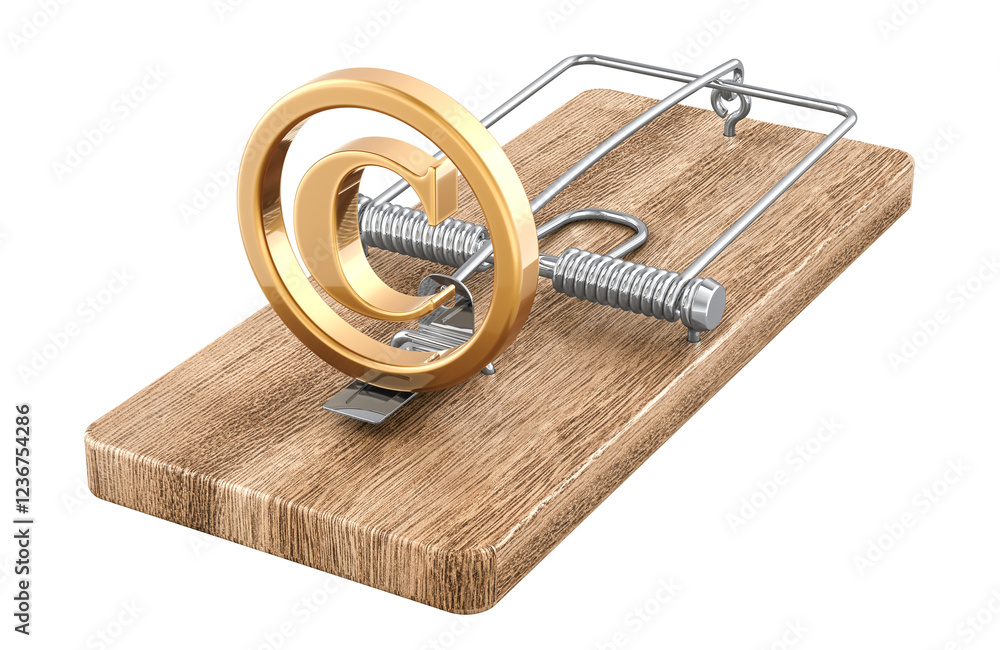Poster copyright symbol in mousetrap, 3d rendering isolated on transparent background