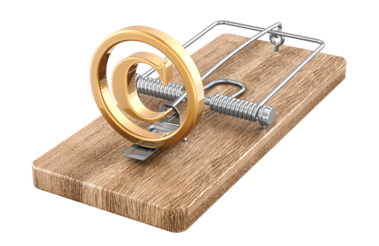 Copyright symbol in mousetrap, 3D rendering isolated on transparent background