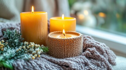 Cozy candles on a knitted throw, window view