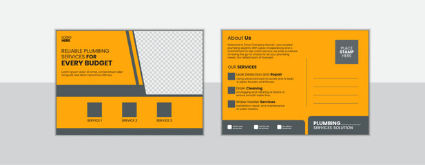 new modern plumbing Postcard Template Design, Simple and Clean Modern Minimal Postcard Template, plumber Postcard Layout, piping post card, plumbing post card.