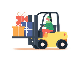 Cute Christmas Elf Driving Forklift with Pile of Gift Boxes Santa Claus Helper In Green Costume Prepare Presents