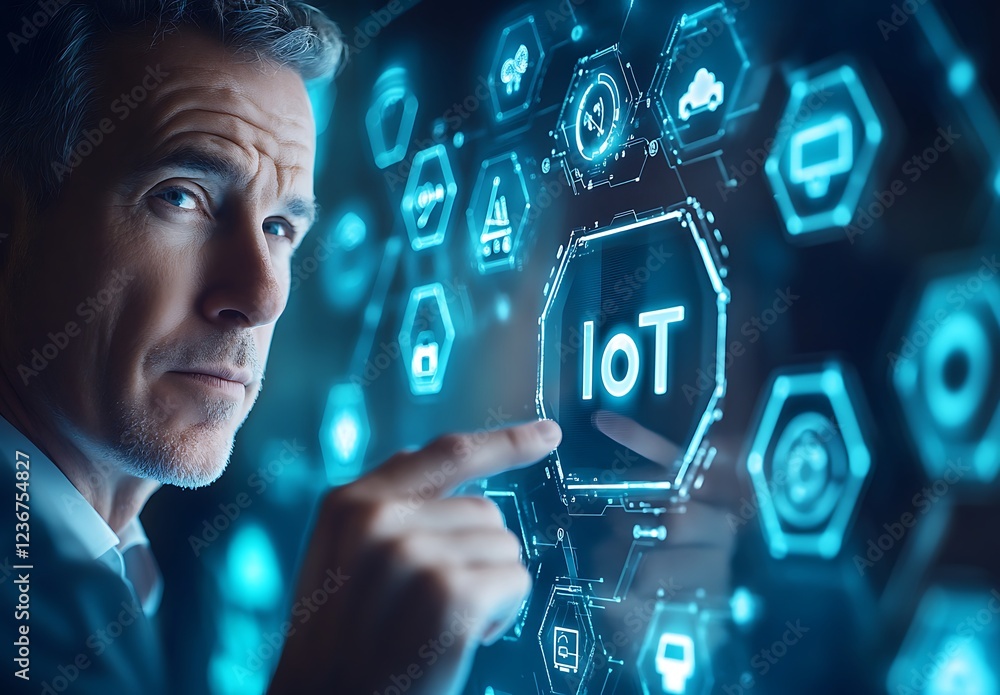 Poster man interacts with futuristic iot interface displaying data and icons.