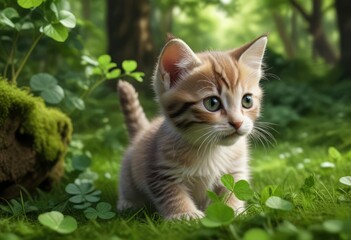 Kitten playing with a four-leaf clover in a lush green forest, , outdoor environment, green forest