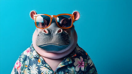 Hippo wearing a Hawaiian shirt and sunglasses standing confidently in a tropical summer setting exuding vacation vibes and charisma ultra-detailed high-quality portrait with vibrant colors and relaxed