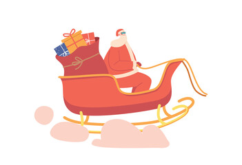 Merry Christmas and Happy New Year Greetings Concept. Santa Claus Riding Reindeer Sledge Flying at Sky with Gifts