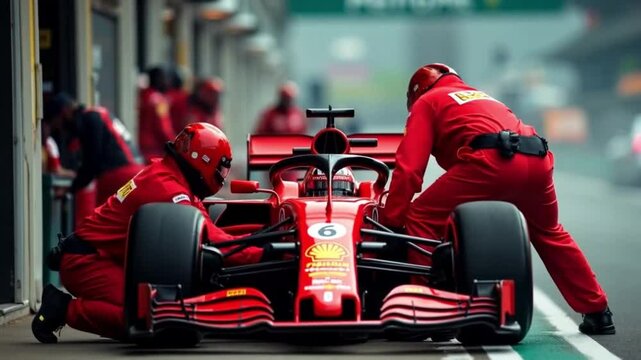 Dynamic Mid Action Shot of Formula 1 Car race Precision and Speed of Pit Crew