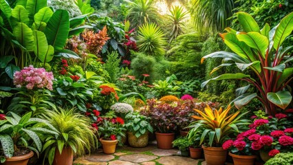 Lush greenery with a variety of plants and flowers in the background, leaves, greenery, forest