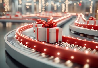 Festive gifts on a conveyor belt with red lights.