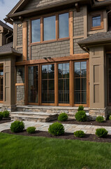 Luxury House Exterior: Stone and Wood Design, Landscaping, and Walkway