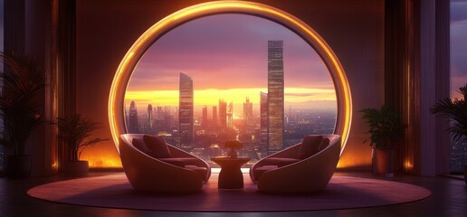 Serene Sunset Cityscape View from Luxurious Apartment