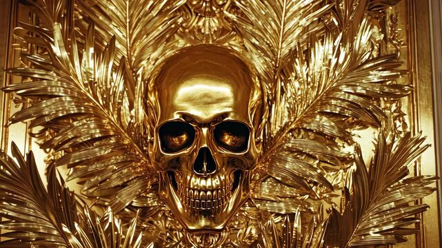 Exquisite golden skull design surrounded by intricate leaf patterns in artistic display