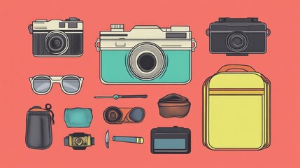Fototapeta premium A Creative Flat Lay of Vintage Cameras, Stylish Sunglasses, Travel Accessories, and Photography Gear Perfect for Travel Enthusiasts and Creatives