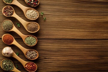 Wooden spoons filled with various spices and herbs on a brown wooden background.
