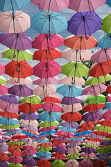 decor of hanging colorful umbrellas