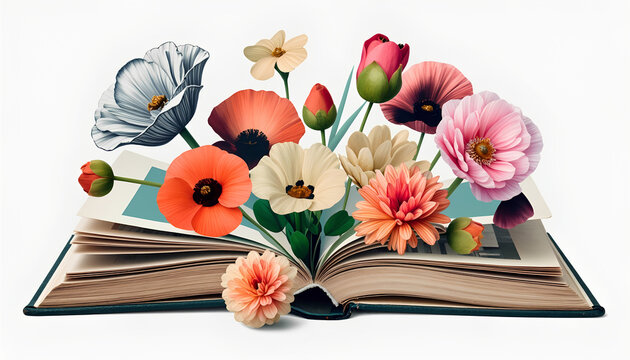 Open book and cut out bright flowers. Surreal art collage. Creative concept banner for International Children's Book Day, April 2nd