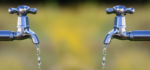 Metal tap with drain water outdoors