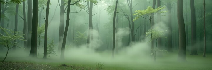 Fototapeta premium Muted green mist rising from a serene forest floor, calm, hazy