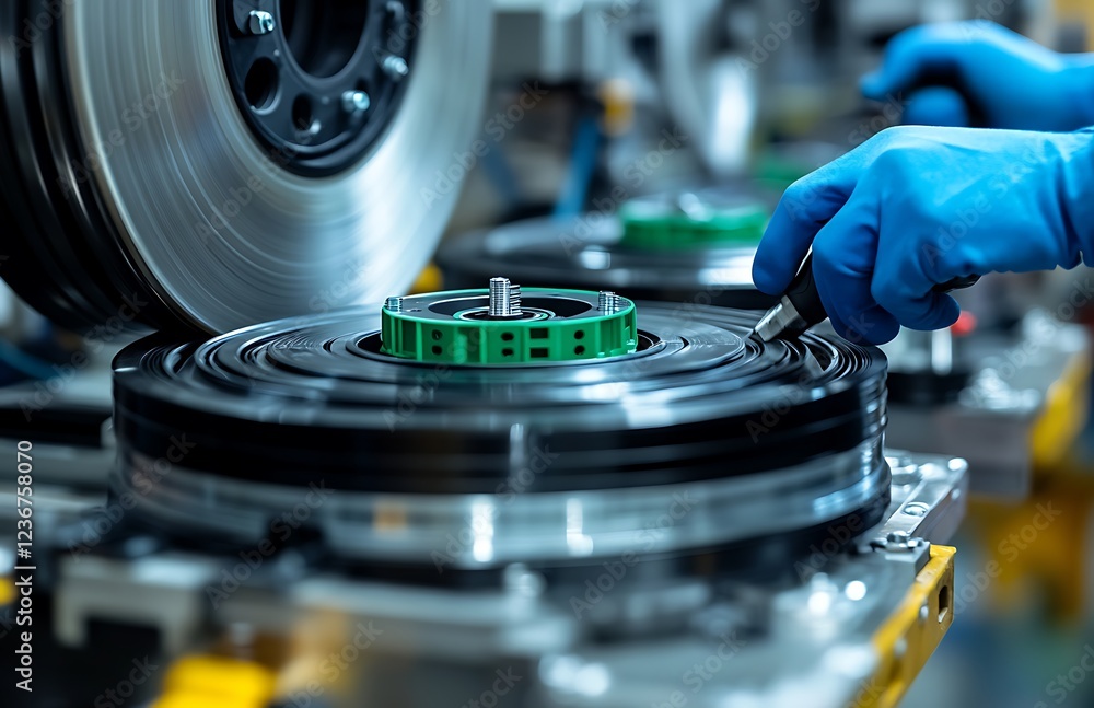 Poster close-up of gloved hands working on a complex industrial machine with circular components.