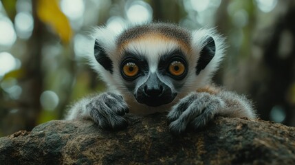 Curious lemur peering from rock in rainforest