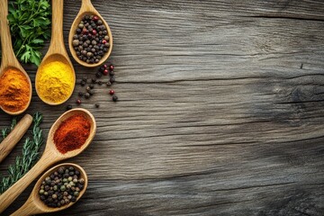 Wooden spoons filled with various spices and herbs on rustic wooden background.