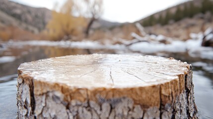 Frozen tree stump in winter creek; serene nature background; product display