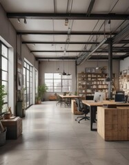 Open floor plan office space with a focus on industrial style and a neutral color palette, metal accents, exposed ductwork, concrete floors