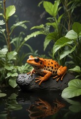 Fototapeta premium Orange and black spotted frog's habitat with plants, plants, frog