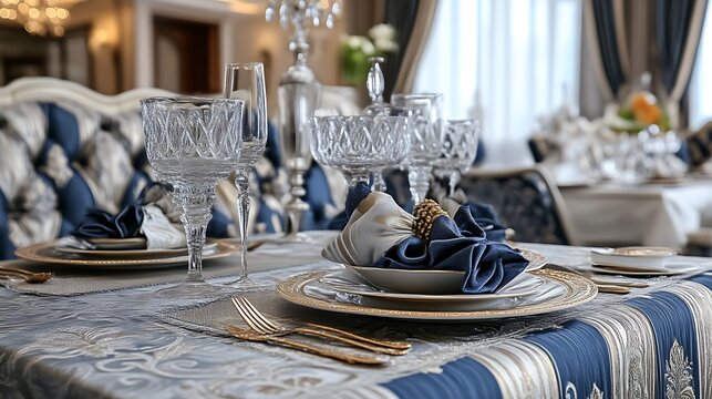Elegant Table Setting With Gold Cutlery And Blue Accents