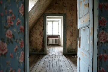 Obraz premium Sunlight illuminates a decaying room with floral wallpaper, showcasing its aged beauty and hinting at stories untold