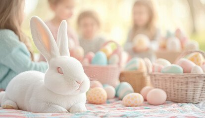 cute white bunny resting on picnic blanket surrounded by colorful Easter eggs and children enjoying festive atmosphere