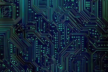 Abstract close-up of a glowing blue digital circuit board, showcasing intricate connections and technological design on a black background.
