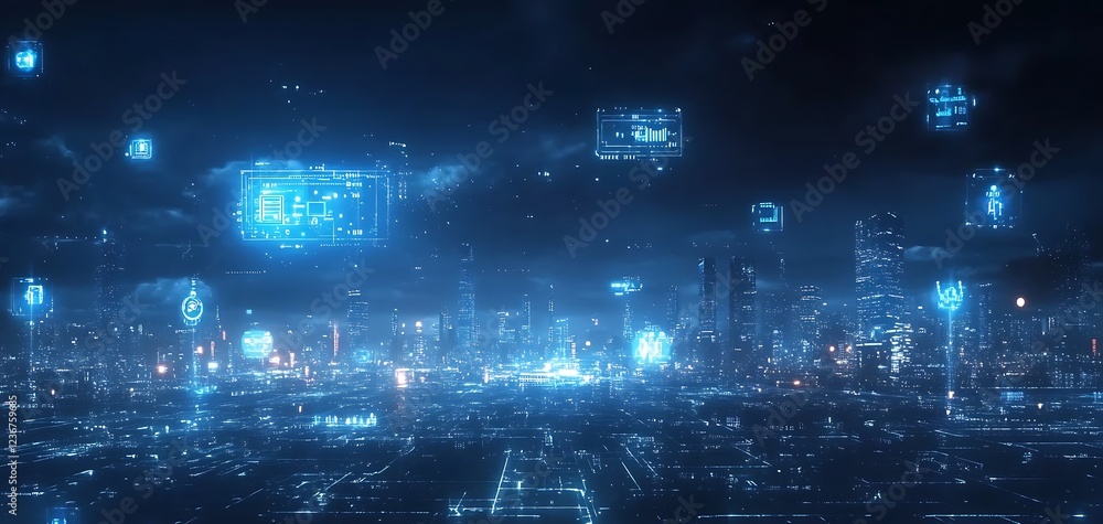 Poster futuristic cityscape at night with glowing digital interfaces and data streams overlayed.