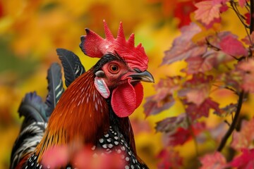 Rooster with red comb and wattles posing in the fall season with colorful leaves in the background