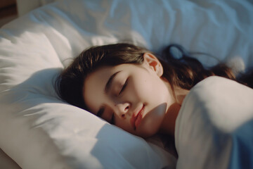 A professional photograph of a beautiful woman peacefully sleeping in bed, wearing a white tank top. Soft lighting enhances her happy and relaxed expression against a clean white background, creating 