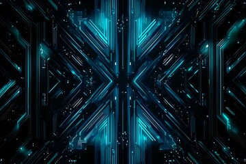 Abstract close-up of a glowing blue digital circuit board, showcasing intricate connections and technological design on a black background.
