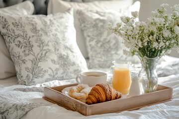 Romantic breakfast in bed croissants, coffee, orange juice, flowers.