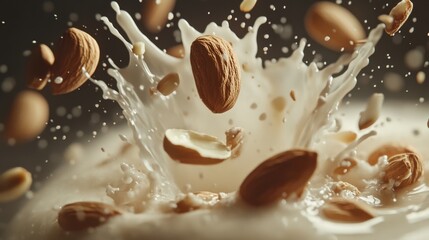 Almonds splashing into milk creating a dynamic scene of texture and movement in a studio setting