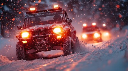 Obraz premium Off Road Vehicle Driving Through Snowy Landscape