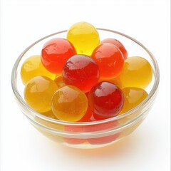Colorful Spheres of Jelly in a Glass Bowl with Glossy Finish