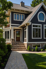 Obraz premium Luxury Modern Home Exterior: Stone, Wood, and Brick Design