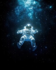 Fototapeta premium Lone astronaut floating in dark space cosmic void sci-fi art haunting atmosphere deep space perspective