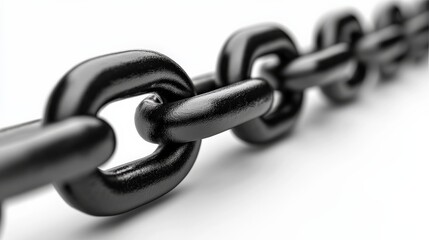 Obraz premium Close-Up Image of a Black Metallic Chain Links Demonstrating Strength and Connection on a White Background for Various Design and Industrial Themes