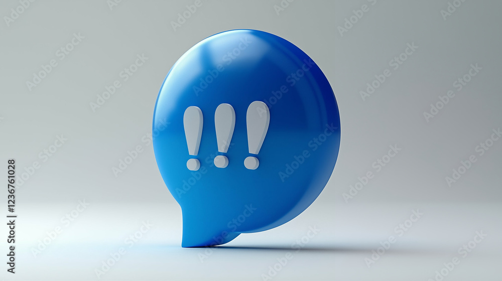 Poster blue speech bubble with three exclamation marks graphic. message icon with exclamation points in 3d 