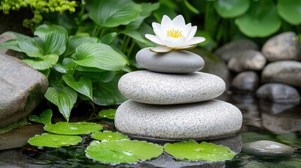 Fototapeta premium Serene water lily atop stacked stones in a peaceful garden, perfect for meditation or spa imagery