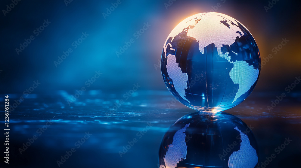 Poster glass globe on a reflective surface. globe with continents and oceans on dark background